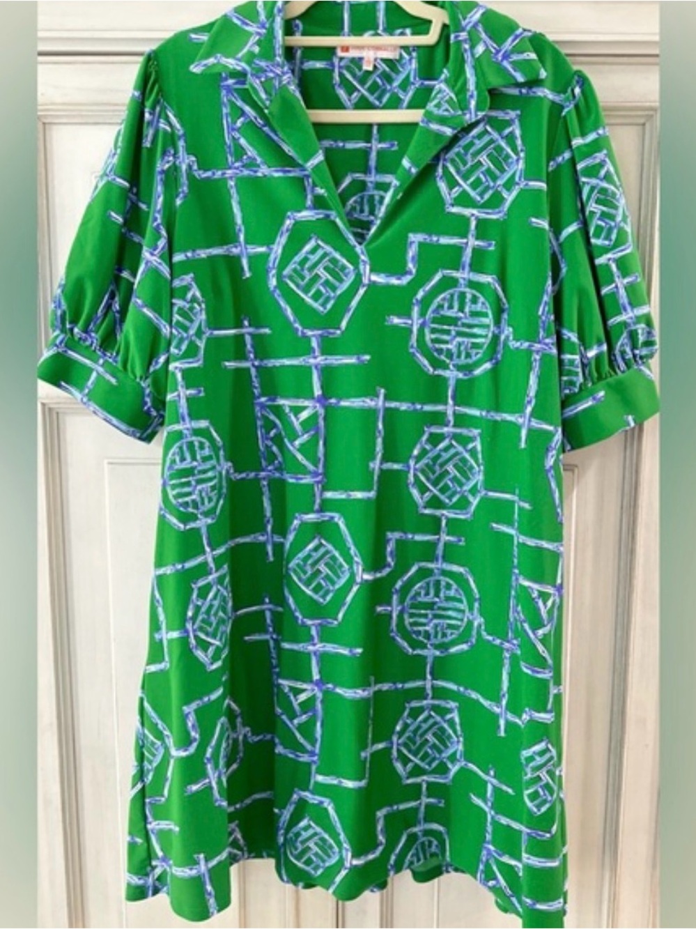 Jude Connally Green Blouse with Purple and White Geometric Print